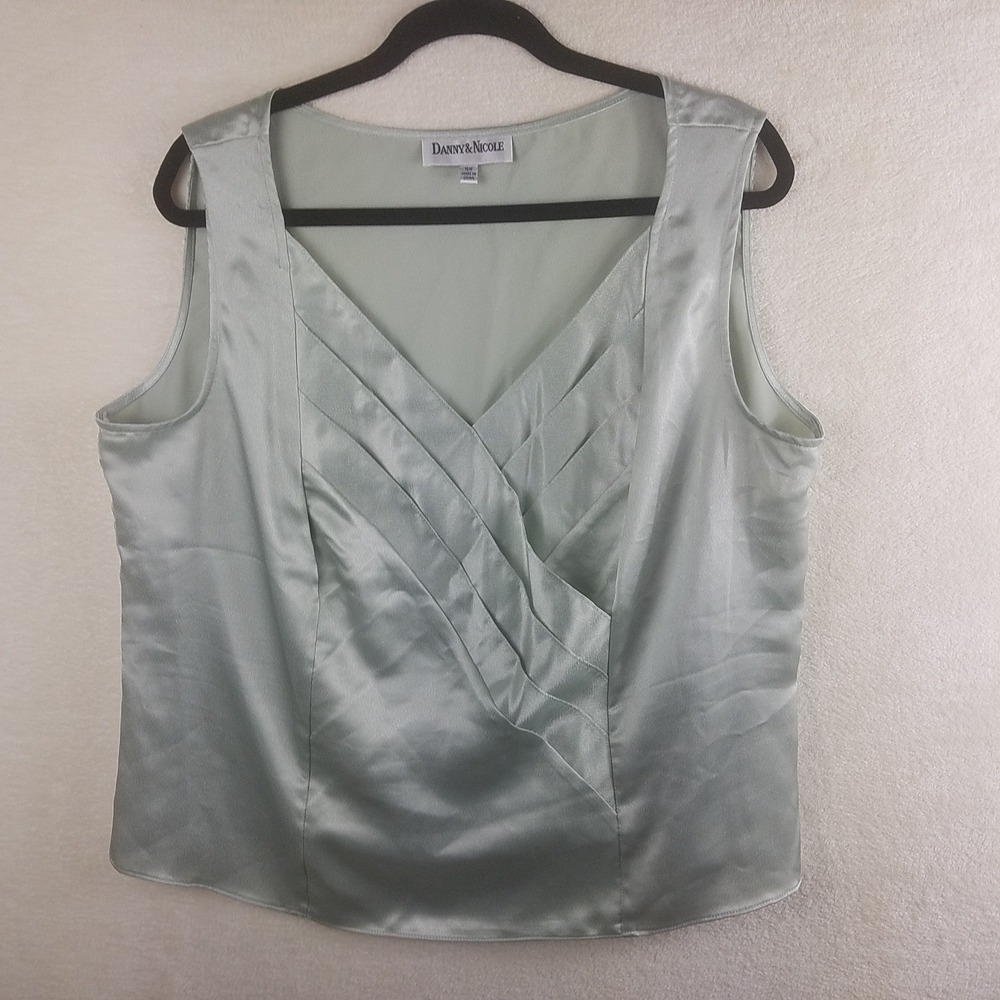 Danny & Nicole Sage Green Satin Surplice Pleated V-Neck Tank Top Blouse 16W
